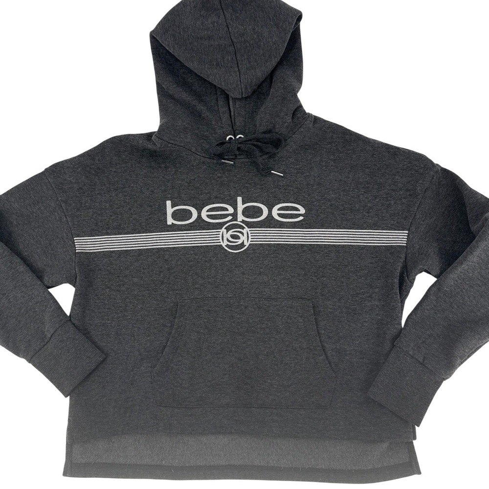 Bebe Sport Womens Hoodie Charcoal Grey Logo Fleece‎ Pullover High-Low Large